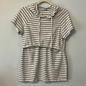 GINKANA Women's Nursing Hoodie Grey White Stripe Short Sleeve Sweatshirt Sz L